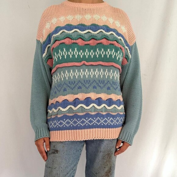 80s vintage pink blue pastel grandmacore funky textured acrylic knit sweater - Picture 1 of 9